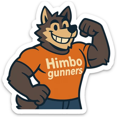 muscular wolf furry with a big friendly grin, flexing, wearing a t-shirt that says 'Himbo gunners' sticker