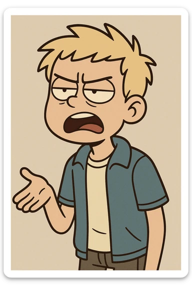 school student boy with light hair, showing signs of irritation and dislike, speaking, expressive face, casual school outfit, cartoon style sticker