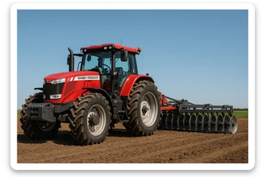 A Massey Ferguson tractor and Disc Harrow combo in a modern farm scene, focus on machinery, uncluttered background. sticker