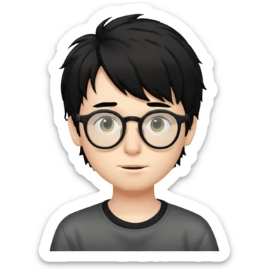 pale skin, black shaggy hair boy, big glasses that's tip on his nose and teenager  sticker