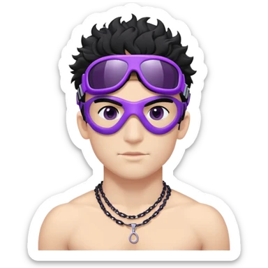shirtless male athlete with white skin and moderately curly black hair on top with shaved sides, wearing purple ski goggles with black tinted lenses, and a simple plain black chain necklace, no earrings sticker