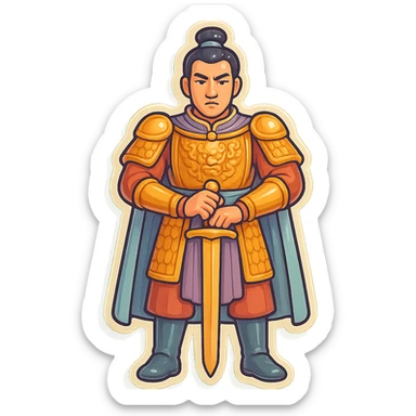 Add boots to the general's feet, keep the rest as is: full body, front view, elongated legs, face as in the reference, retro sticker style, high detail, pronounced shadows and highlights, clean lines, soft rounded shapes, pastel palette #98B5BC, #B5B3C1, #C9A3C9, #E4C0CA, #F7DCD1, #F7C0AA, transparent background. sticker