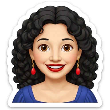 60 yr old Mexican woman, slightly chubby, wavy/curly long black hair, red lipstick, big smile, white teeth, brown eyes, hoop earings, side part to hair, round face, pretty white dress, hair side swept, big hoop earing sticker
