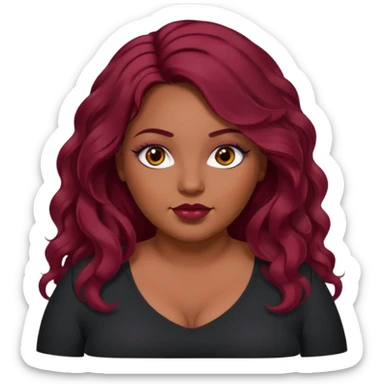 Plus size red hair brown face small eyes long hair Asian eyes small eyes wavy hair eye lashes burgundy hair black shirt sticker