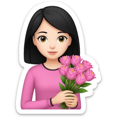 girl with black hair wearing pink top and pink bouquet  sticker