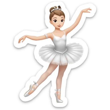 A ballerina dancing with point shoes and in a white tutu with a ribbon on her waist, she has a slick bun and a great posture sticker
