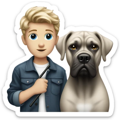 young white kid with justin beiber hairstyle standing alongside a black cane-corso sticker