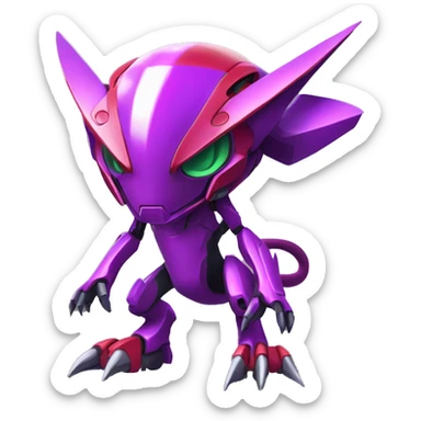 a shiny purple-red Genesect-Raptor-Fakémon—hybrid with a futuristic visor-helmet full body sticker