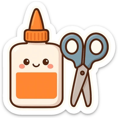 bottle of glue with orange label and tip and a pair of blue scissors, flat toon vector illustration sticker