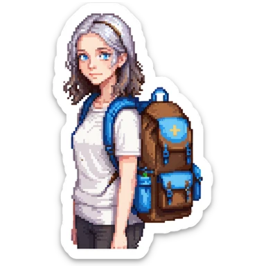 white woman park ranger with blue eyes, brown and gray hair, wearing a backpack sticker