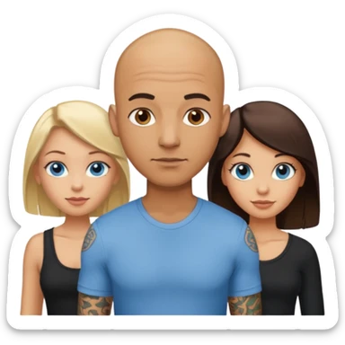 tattooed covered bbald brown eyed male with blonde haired blue eyed big boob female with brunette haired brown eyed big boob female throuple  sticker