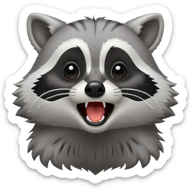 Cinematic-cute realistic- Yawning Raccoon-Portrait-Emoji – Poised and confident, wide-open yawn, revealing a soft grey with a sturdy build and a beautifully textured fur of silver-grey accented by dark black facial markings, deep-set, big black eyes, simplified yet sharp and sophisticated zoom out to show shoulders sticker