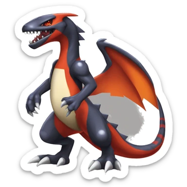 Black, Red, Orange, Beige, Modern, Cool, Edgy, Badass Punk-style Garchomp-Charmeleon-Sergal Fakémon-Digimon with sharp edgy striking detailed stripe-markings,  full body sticker