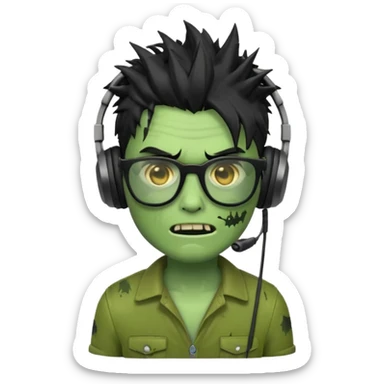 make a zombie iphone emoji with black  glasses, scratches black spiky hair and headphone, green skin
 sticker