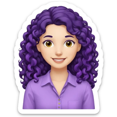 mujer blanca con cabello largo rizado negro sonriendo con camisa lila sticker