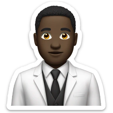 Create a black man with cut in his eyebrow with big black eyes and white suit all white suit  sticker