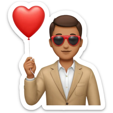 man with sun glasses holding red heart balloon sticker