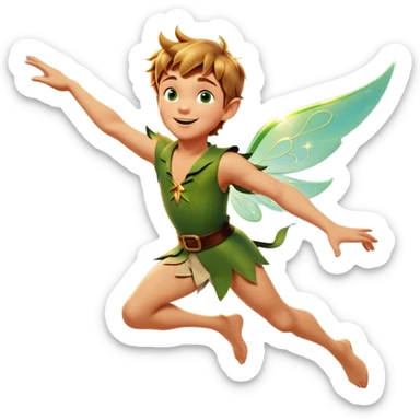 cinematic-realistic-peter-pan-portrait, head tilted dramatically with an exaggeratedly amused expression and sparkling eyes brimming with playful mischief, his iconic outfit rendered in vivid detail with dynamic shadows, soaring through the air. Flying right Next to him is a glowing Tinker Bell, whose delicate wings leave a trail of shimmering pixie dust across a whimsical sky. sticker