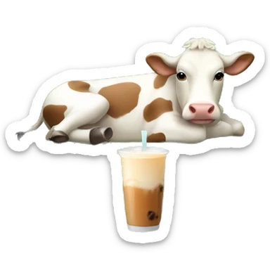 a little cow laying in a sofa, drinking milk tea sticker
