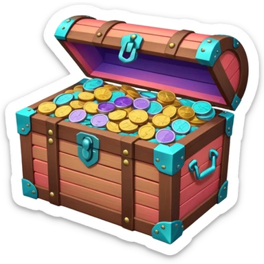 wooden brown treasure chest filled with  coins 
Change coins color in in gradient of turquoise, blue, pink, purple, and coral sticker