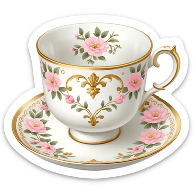 White teacup with baby pink floral antique print with gold accents  sticker