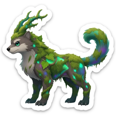 Realistic Sharp swampy mossy elemental ivy detailed Colorful translucent luminescent glowing Trico-Noibat-batty-Sergal-Furret-Ferret-Wolverine-Vernid-furry-fursona-fusion-Fakemon-animal-hybrid-creature, full body sticker