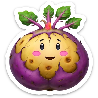whole rutabaga root, rounded bulbous shape, rough textured skin, mottled purple beige yellow tones, trimmed stem remnants, faint root hairs, fresh earthy, soft lighting, subtle shadows, emoji scale, transparent background sticker
