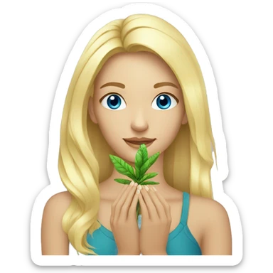 blond woman blue eyes with ayahuasca plant in her hands sticker