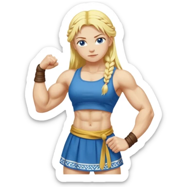 slavic girl, medium size yellow hair, flexing muscles, full body, muscled, with traditional slavic outfit, blue eyes sticker