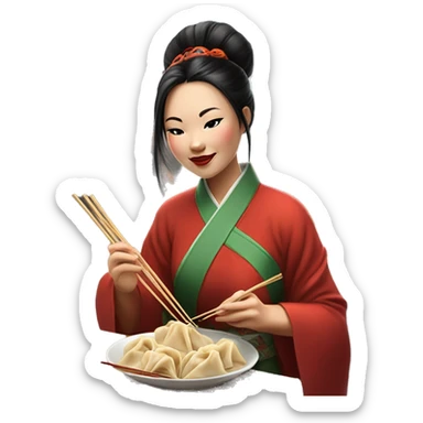 chinese woman eating dumplings in front of street market with extra long chopsticks and in traditional chinese dress sticker