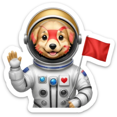 golden retriever in space suit holding red rectangle flag sticker