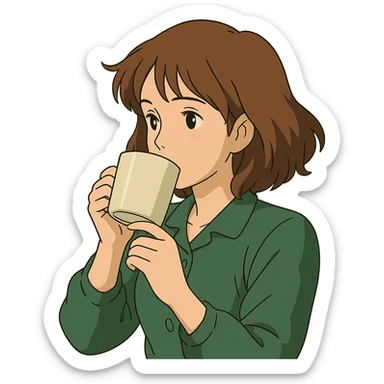 ghibli style brown-haired woman drinking coffee, no background sticker