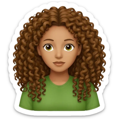Melanie Brown with long brown curly hair, green shirt sticker