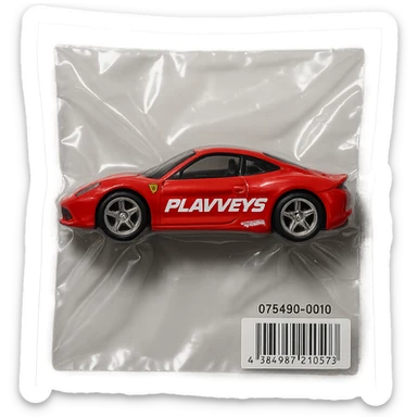 red Ferrari Hot Wheels car in packaging, 'PLAVLEYS' in italic racing font on the side, glossy and puffy vacuum-sealed style sticker
