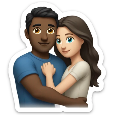 Couple embracing with arms around each other; white woman with blue eyes and brown hair, Indian man with black hair  sticker