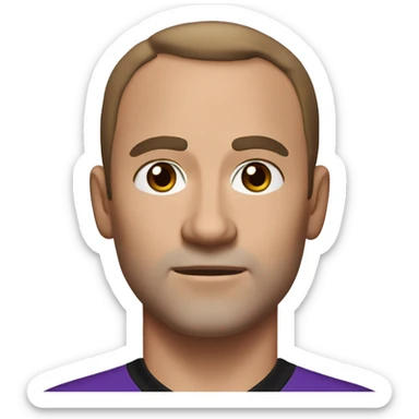 45-year-old man with a slightly round face, very short salt and peper hair with a small central crest and a slightly receding hairline. He has brown eyes, salt and peper stubble, and wears a black and purple soccer jersey. sticker