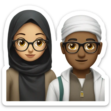 a muslim girl with glasses next to a tall boy with black hair and glasses sticker