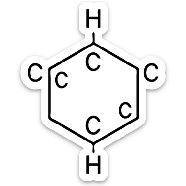 Add atom labels C, H to the benzene ring, keeping the structural formula style, with no background. sticker