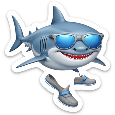 A shark on a beach with blue shoes and sunglasses sticker