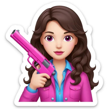 brunette girl with long wavy hair holding a hot pink gun sticker