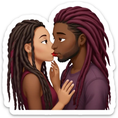 Dark Wine colored hair Latina long hair, kissing young black guy with dreads sticker
