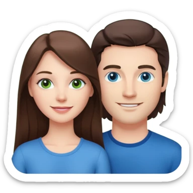 “A pink Polaroid-style photo of a couple: a white woman with long brunette hair and blue eyes, and a white man with short brunette hair and green eyes.” sticker