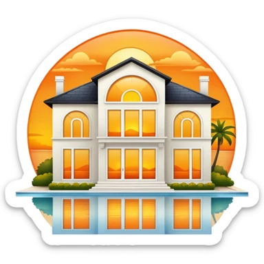 luxury villa with windows reflecting a yellow and orange sunset sticker