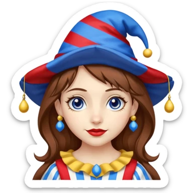 a girl A classic two-armed jester's hat with red and blue stripes, a yellow brim, and small yellow bells on the tips. brown hair blue and red eye's

 sticker