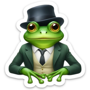 A frog wearing a suit looking straight sitting on a table and wearing a hat sticker