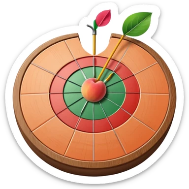 A dart stuck in a dartboard shaped like a peach sticker