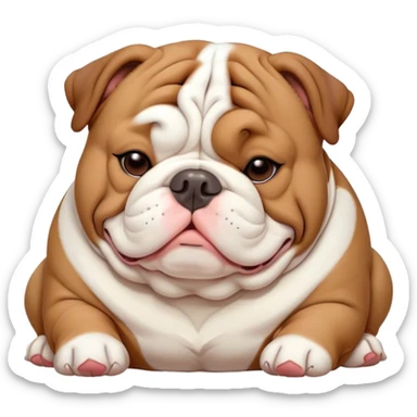 Cinematic Meme-Worthy Chubby Sleeping Brown and White English Bulldog Portrait Emoji, Head resting peacefully with a contented smile, showcasing a delightfully chubby build and a luxuriously soft brown and white coat, eyes shut in a serene nap, Simplified yet hilariously adorable features, highly detailed, glowing with a soft, drowsy light, high shine, relaxed and utterly lovable, stylized with an air of playful laziness, bright and heartwarming, soft glowing outline, capturing the essence of a comically sleepy guardian, so meme-worthy it feels like it could instantly become the next viral sensation of adorable slumber! sticker