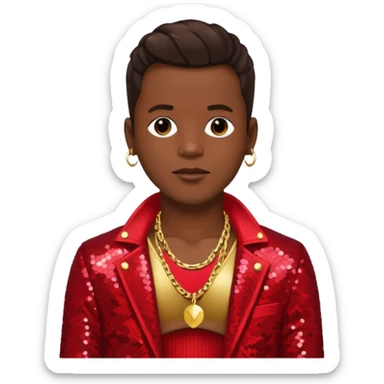 Bobby Brown from New Edition with dark brown hair, red sequin jacket, shirtless with necklace sticker