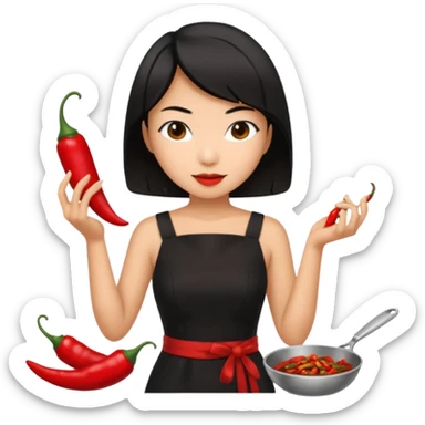 asian black short shoulder length hair tanned woman, black dress cooking, holding chili pepper sticker