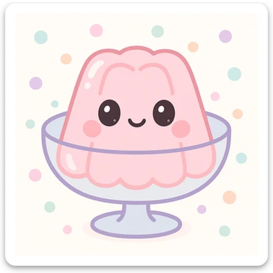 cute jelly dessert, soft and wobbly, in a glass bowl, vibrant colors, kawaii style sticker